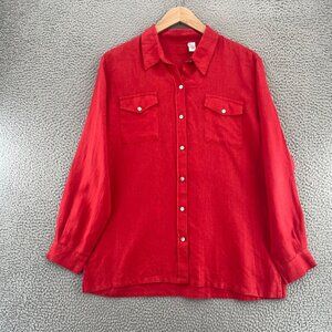 Chicos Lino Shirt Womens 2 US Large Red Linen Button Up Collared Long Sleeves